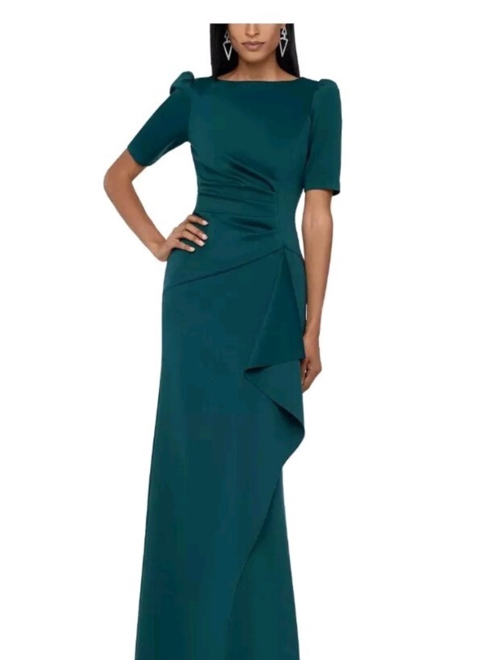 ⭐️ NWT ⭐️ Xscape One-Shoulder Ruched Short Sleeve Gown in Hunter Green - size 10